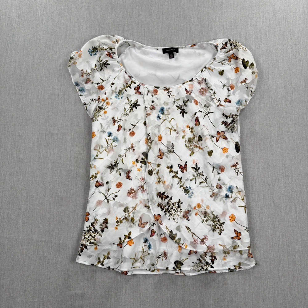 Tamara H Floral Butterfly Burnout Blouse White‎ Short Sleeve Layered Top Large